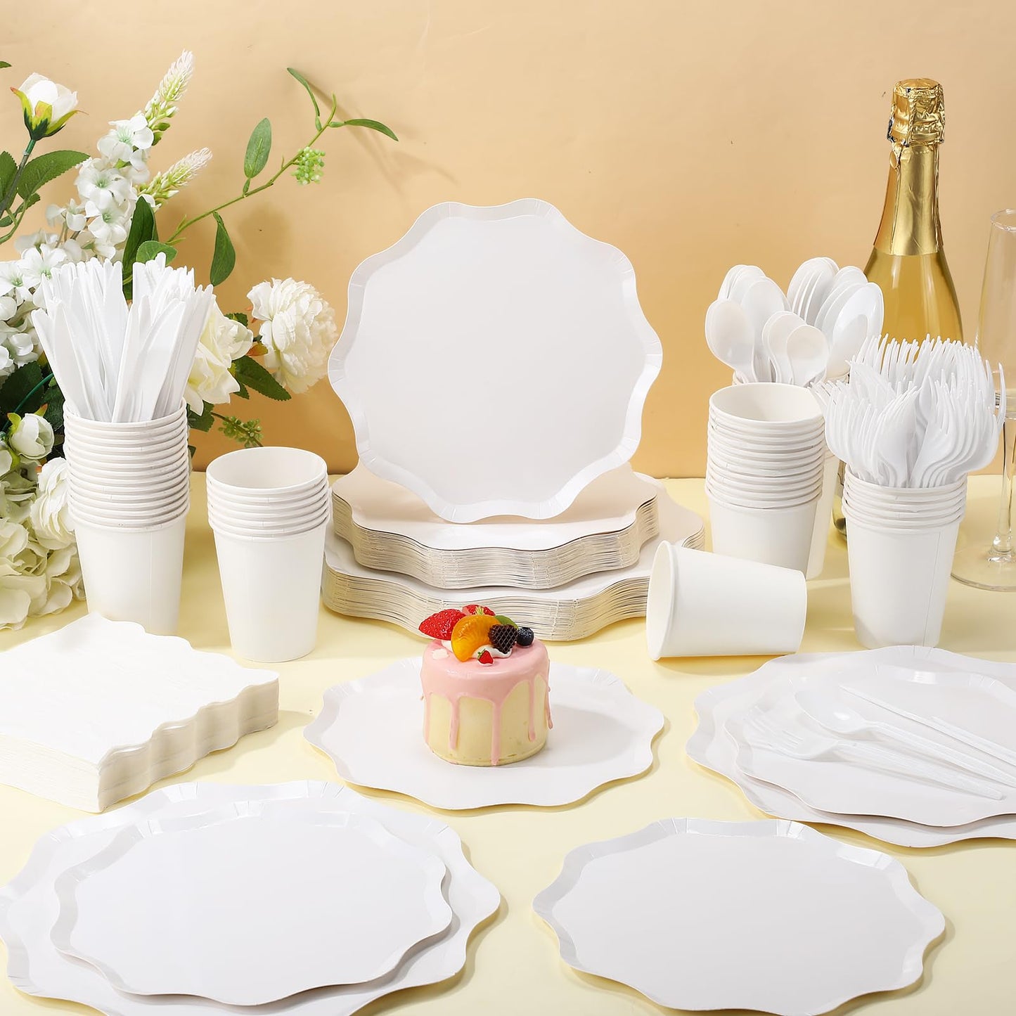 Ziliny 350 Pcs Cute White Party Supplies, 50 Guests Disposable Paper Plates Paper Cups Cutlery Napkins Dinnerware Set for Wedding, Birthday, Baby Shower, Outdoor (scallop Wave 1, White)