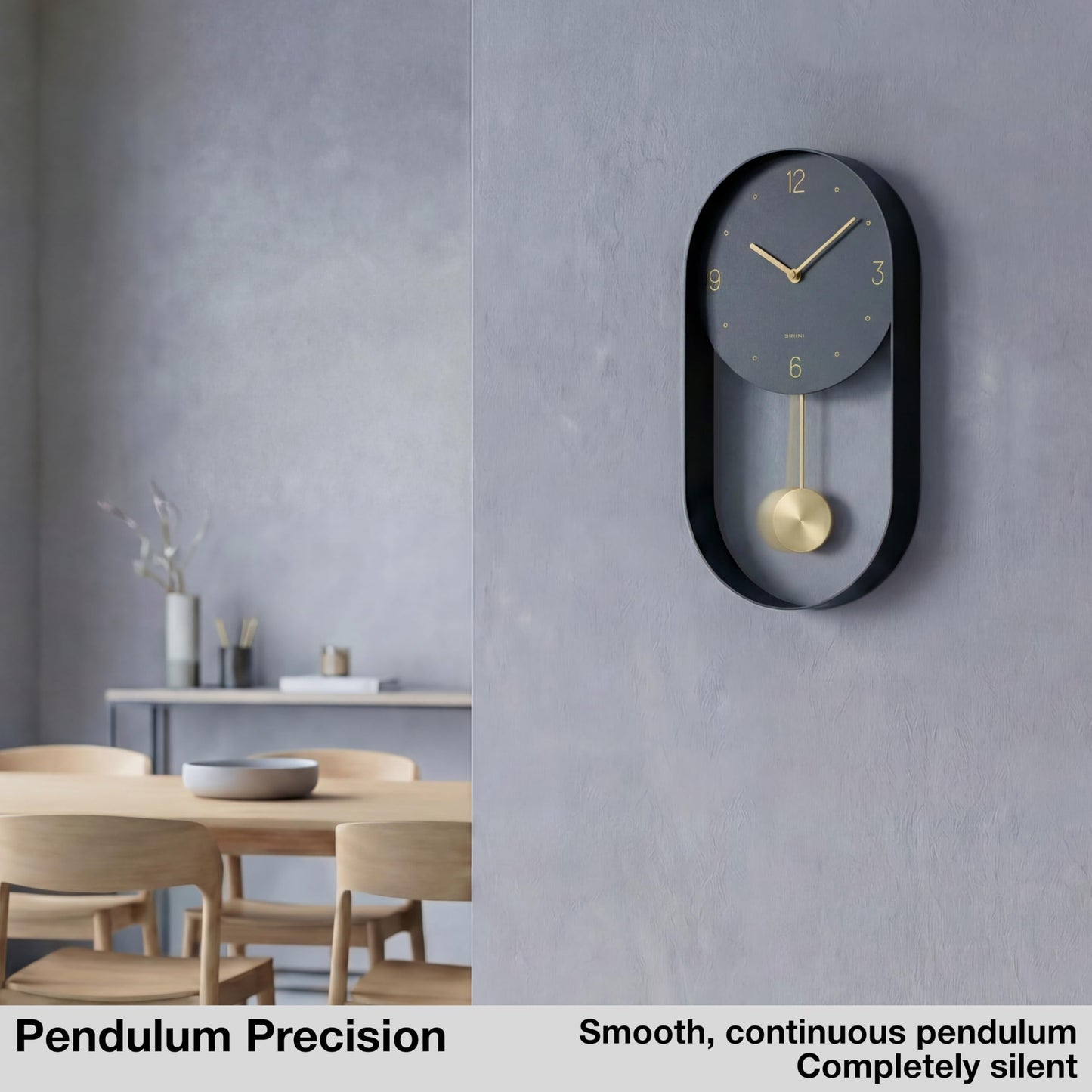 Driini Modern Pendulum Wall Clock - Black and Gold Decorative Wall Clock with Pendulum - Modern Minimalist Metal Wall Clock for Living Room Décor - Silent Battery Operated Wall Clock