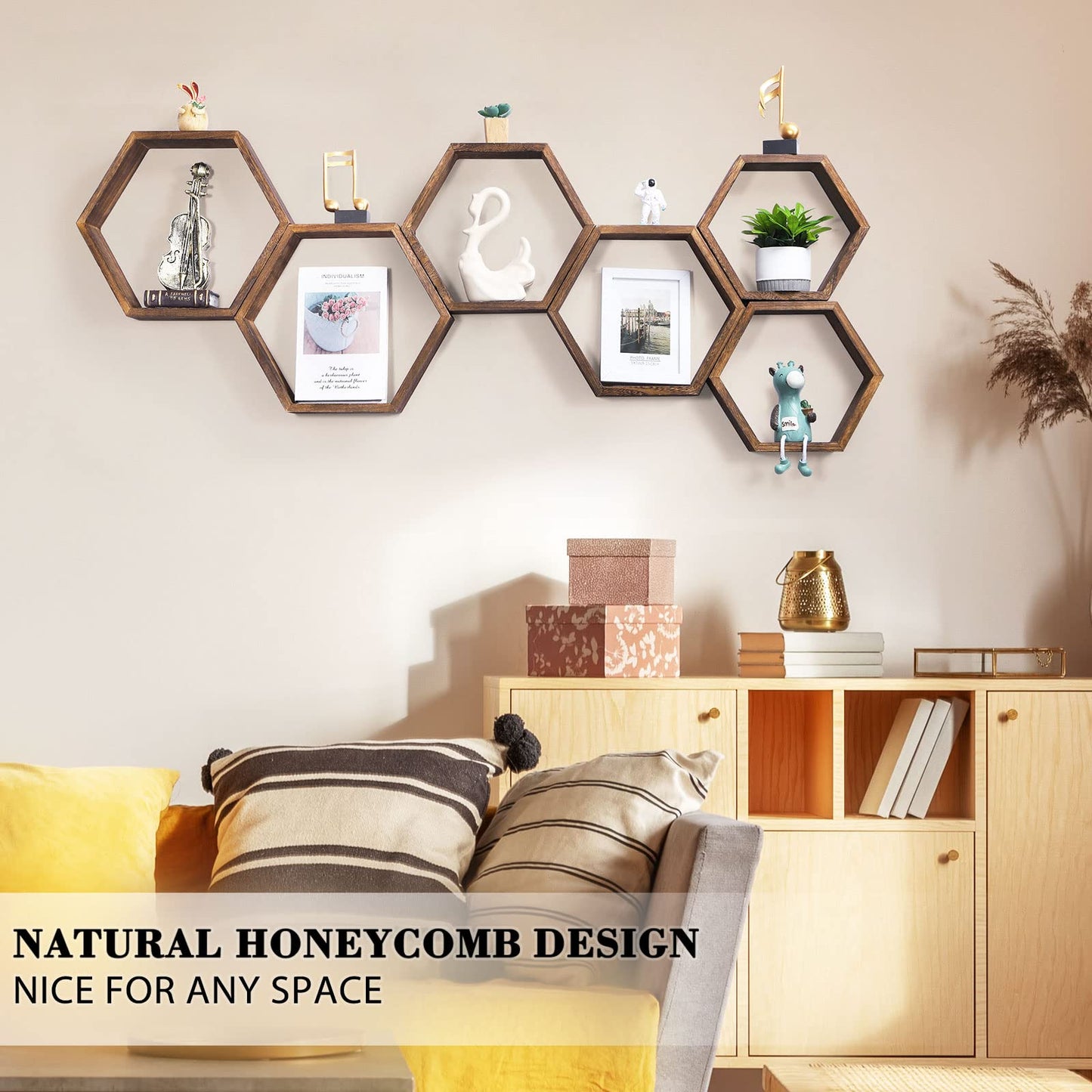 NOVIMANGO Hexagon Floating Shelves Set of 6 Honeycomb Shelves for Wall Wood Farmhouse Storage Home Decor Shelf Wall Mounted Wooden Hexagonal Shelves for Bedroom Living Room Nursery, Rustic Brown