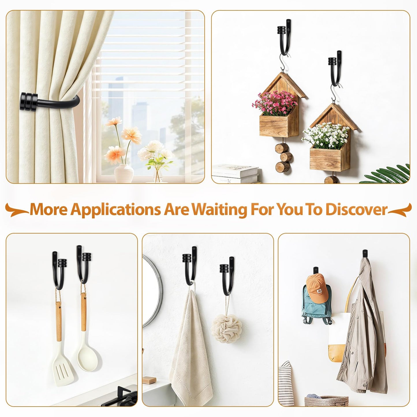 TONIAL Curtain Holdbacks, Home Decor Curtain Tiebacks Wall Mounted with Small Classic Cap Finials, Black Curtain Hooks for Drapes (1 Pair/2 Pack)