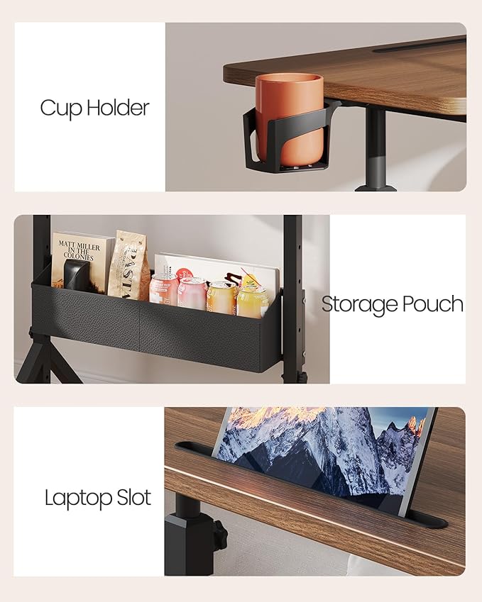 ErGear Mobile Standing Desk with Wheels, Adjustable Height 28.3″ to 46.1″, Rolling Laptop Cart with Cup Holder, Storage Basket, Computer & Pen Slot, Home Office Stand Up Desk, Walnut (31.5″ x 15.75″)