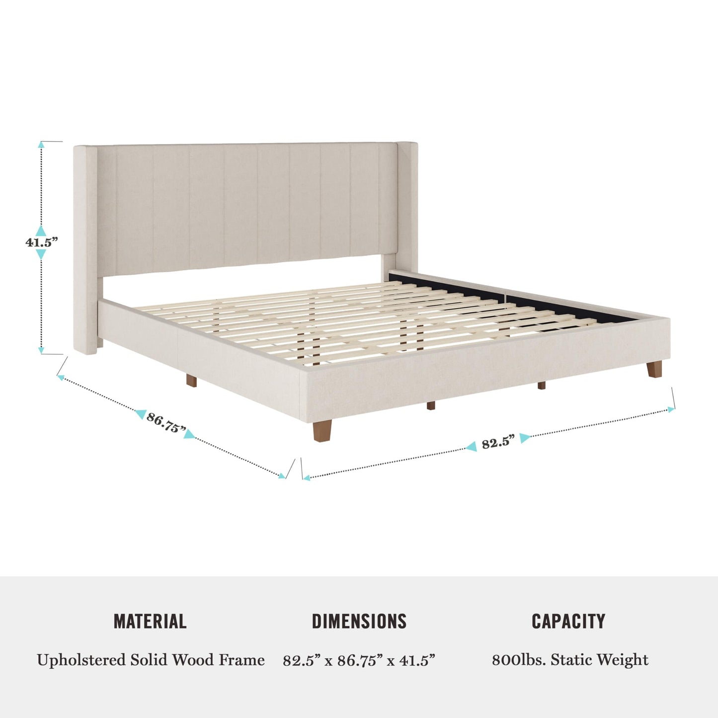Martha Stewart Kay Low Profile Platform Bed with Wingback Headboard, Channel Stitched Faux Linen Upholstery, No Box Spring Needed, King, Beige