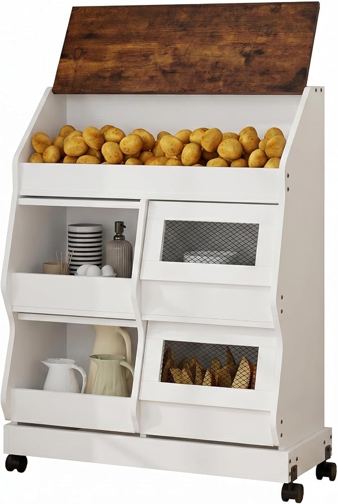 ARTETHYS Potato and Onion Storage Bin with Wheels, 3 Tier Bread Container with Lid, Ventilated Vegetable Organization Cabinet for Kitchen