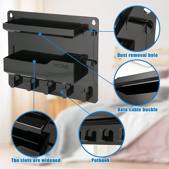 YONGAIJIA Bedside Wall Mount Shelf, Adhesive Bedside Organizer for Remote、Phone、Glasses. Bedside Accessories Storage suitable for College Dorm 、bunk bed 、 Bedroom、Rv（Black）