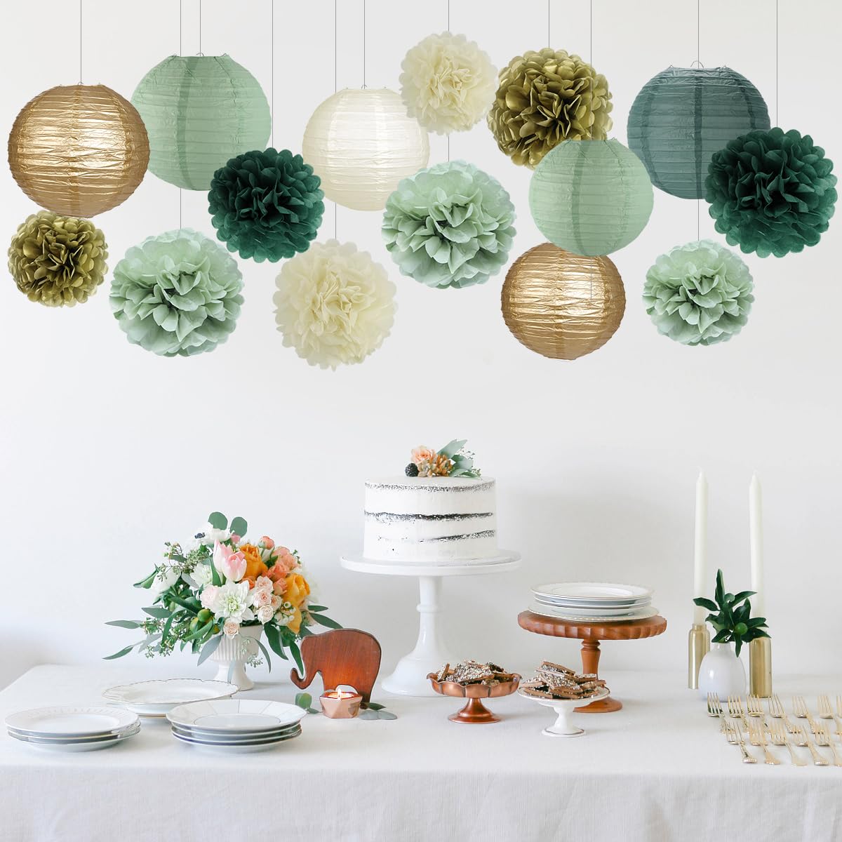 zilue Sage Green Party Decorations, Paper Lanterns and Pom Poms Flowers for Birthday Party Baby Shower Wedding Shower Decor Gold/Ivory/Sage Green 15pcs