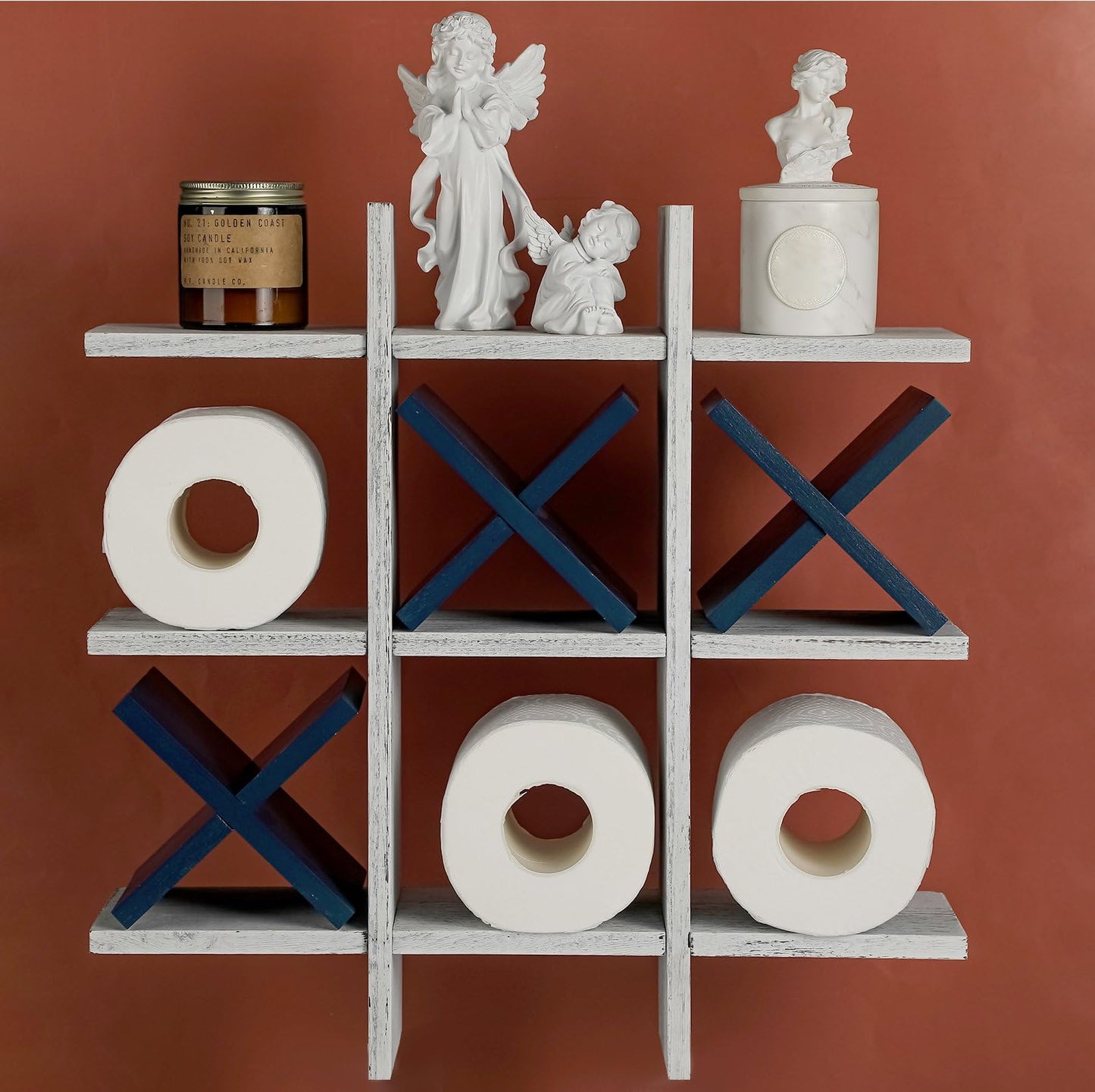 Weysat Tic Tac Toe Toilet Paper Holder Stand Bathroom Wall Decor Rustic Wooden Hanging Storage Freestanding Wall Mounted Shelves Decor for Toilet Tissue Farmhouse