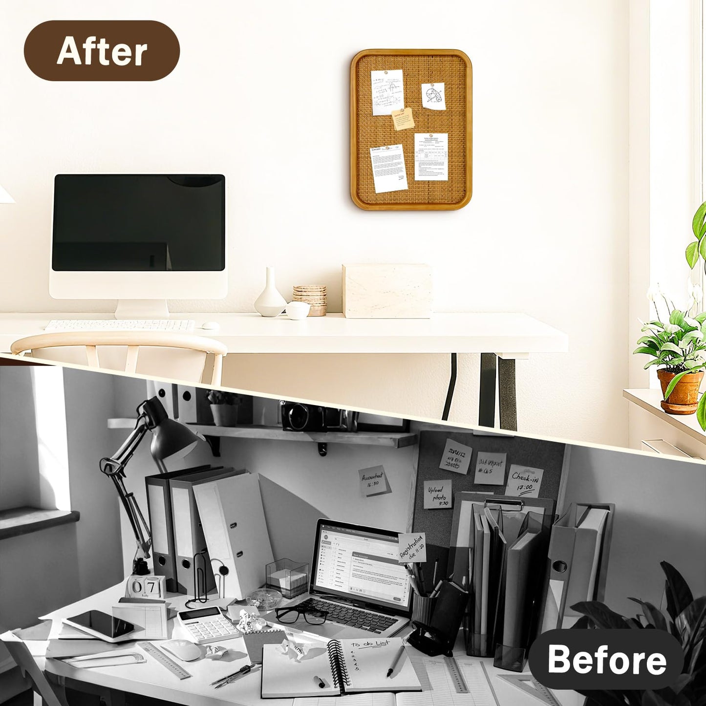 Umtiti 13" x 17" Bulletin Board, Round-Edged Rectangle Cork Board，Wooden Frame with Boho Style Rattan Wall Organizer,3343Teng
