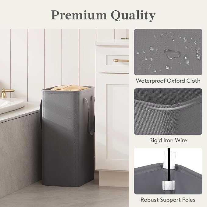 Lifewit Slim Laundry Hamper, Narrow Small Laundry Basket with Handle for Dirty Clothes, Collapsible Tall Thin Laundry Bin for Bathroom Bedroom Dorm College, 50L, Grey