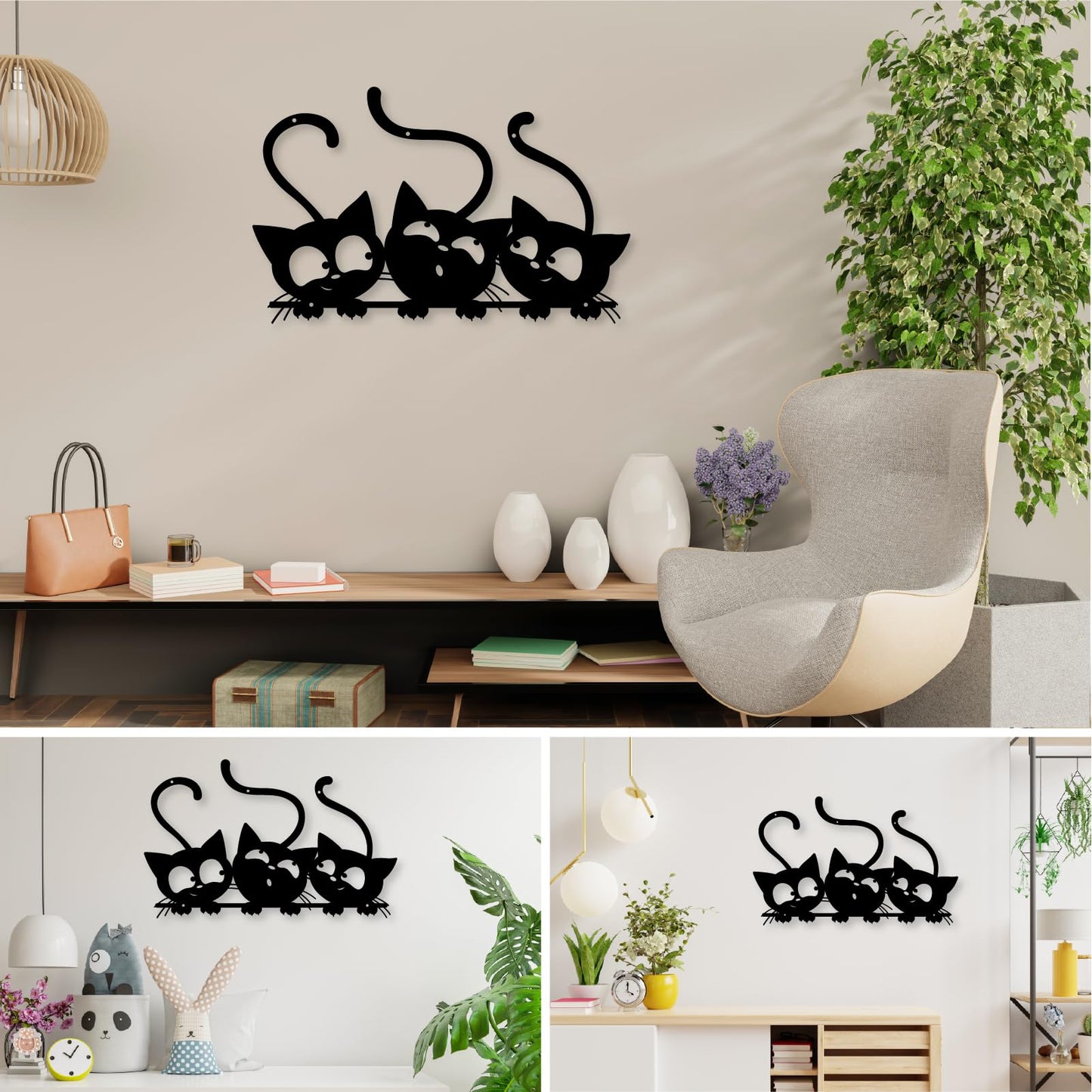 Monlyey Three Black Cat Wall Art, Metal Cat Wall Decor, Black Cat Wall Sculpture For Cats Lover, Minimalist Room Living Room Patio Wall DéCor (Length:12 Inches)