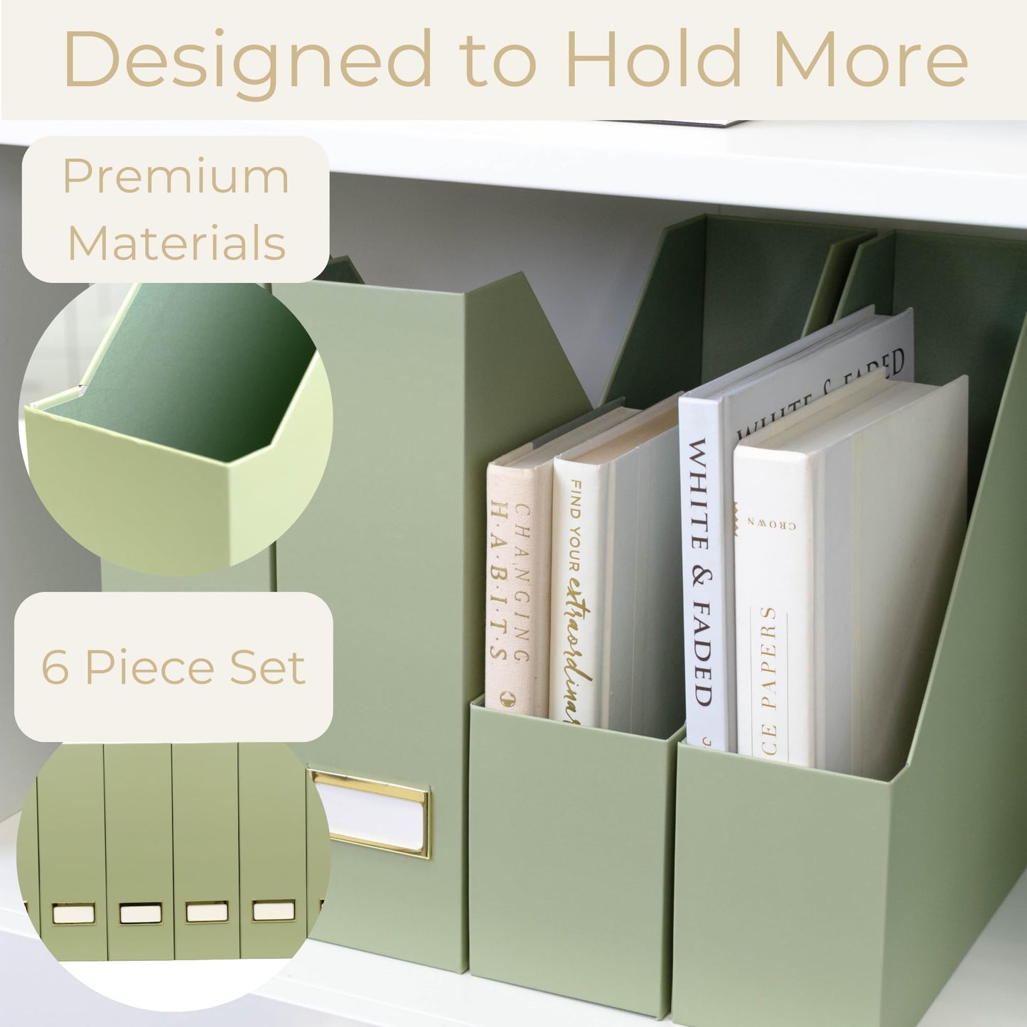 BLU MONACO | Set of 6 Foldable Magazine File Holders in Earth Green | Heavy-Duty Vertical File Organizers with Label Holders | Desk Organizer Set for Paperwork, Documents & Office Storage