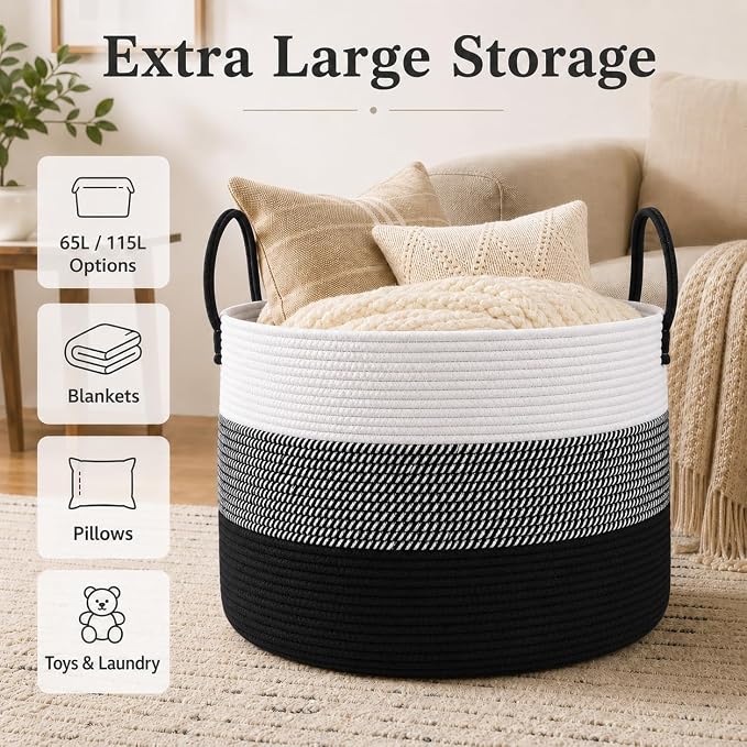 JMvicyroam 65L Extra Large Blanket Basket for Living Room - Woven Cotton Rope Laundry Hamper with Reinforced Handles - Storage Bin for Pillows, Comforters & Toys - Machine Washable,White&Black Mix