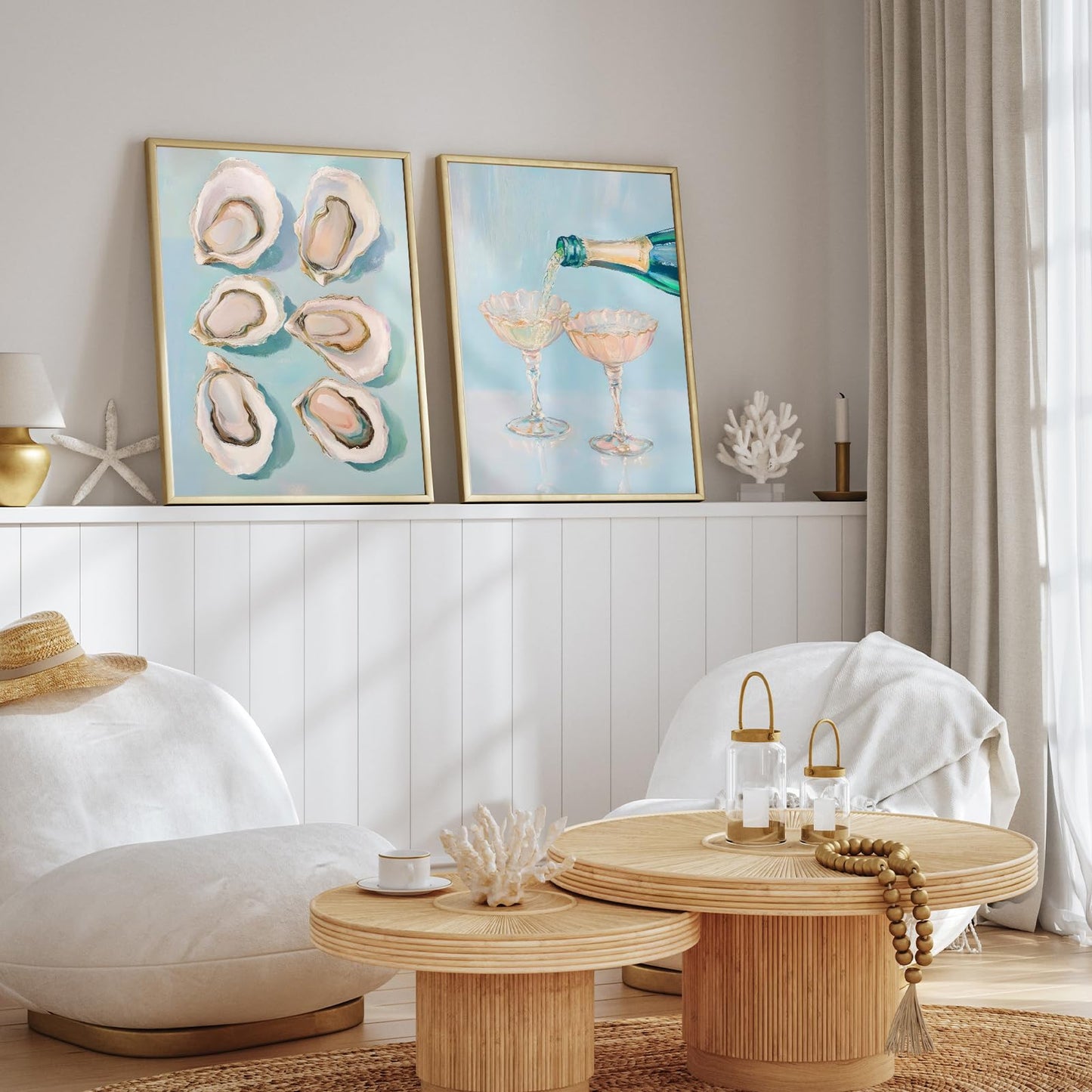 2Pcs Oyster Shell Wall Art Funky Bar Cart Cocktail Wall Decor Pictures Pastel Blue Wine Champagne Posters Print Girly Coastal Aesthetic Beach House Apartments Decoration Unframed 16x24in
