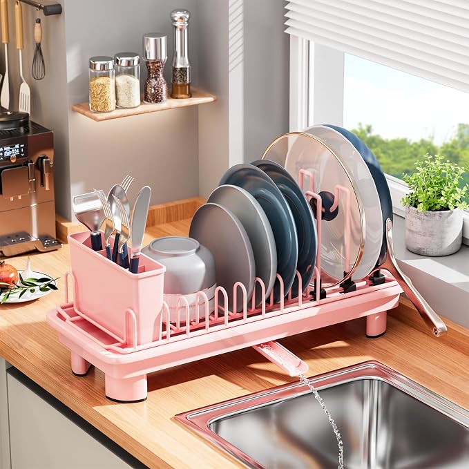 SanDream Small Dish Drying Rack with Removable Utensil Holder & Anti-Scratch Base - Stainless Steel Dish Rack, Dish Drying Rack with Drainage & Space Saving Design for Kitchen Counter, Pink