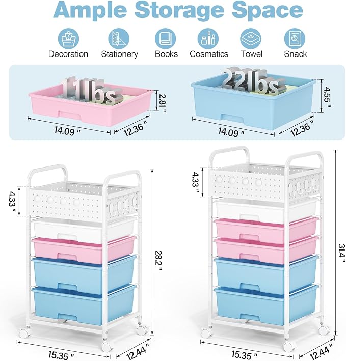 5 Drawer Rolling Storage Cart with Pegboard Top and Hooks, Mobile Organizer Cart with Wheels for Office Supplies, Craft Storage, Classroom Organization, Home Utility Cart, Pink&Blue