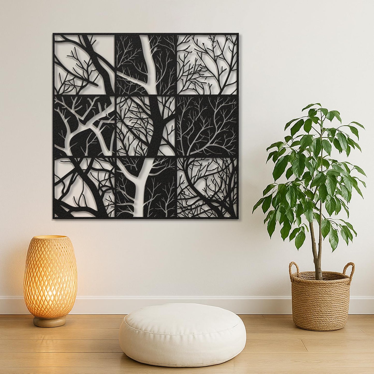 Modern Tree Branch Metal Wall Art Abstract Black and White Sculpture for Living Room, Office, Hallway, Nature-Inspired Home Decor (Black, 35" x 35" / 90 x 90 cm)