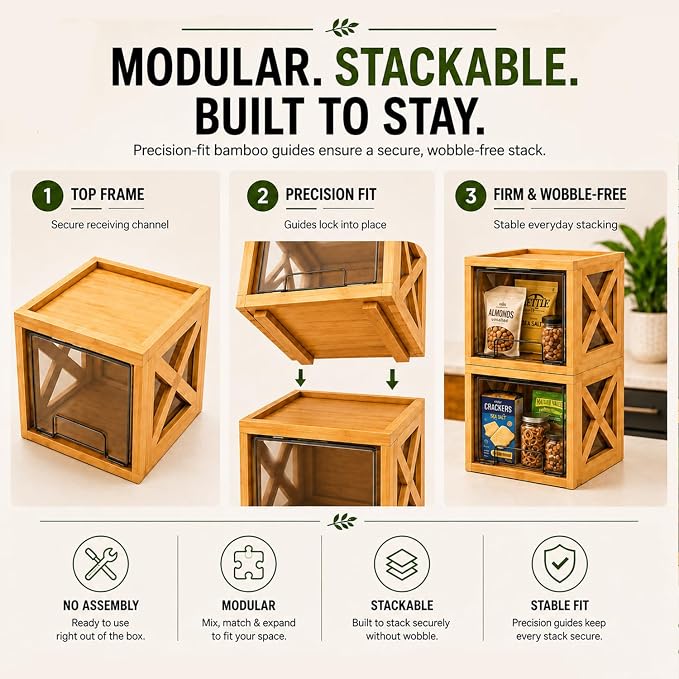 Stackable Bamboo Snack Drawer Organizer (2 Pack) – Pull-Out Storage Bins with Clear Acrylic Drawers – Pantry Storage for Snacks, Coffee Pods, Spices & K-Cups