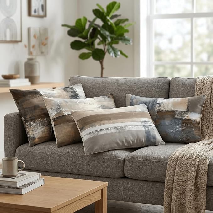 Modern Abstract Throw Pillow Covers Set of 4, 12x20 Inch Decorative Sofa Pillows for Living Room, Soft Square Cushion Cases for Couch, Grey and Brown Geometry Art Decor