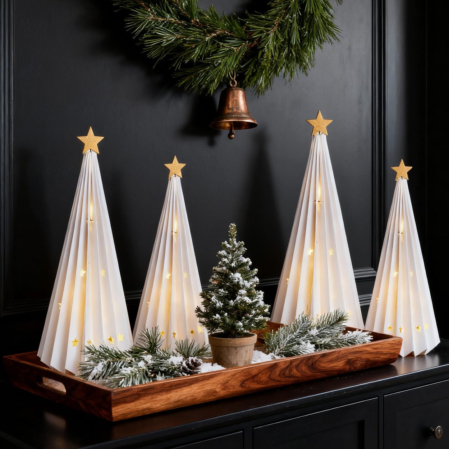 OBBOLO 4 Pcs White Paper Christmas Trees, Holiday Centerpiece Decorations with Star Designs, Foldable Tabletop Décor for Xmas Party & Winter Home Styling