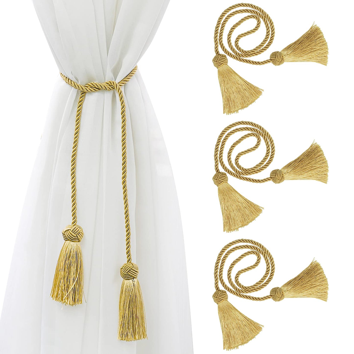 4 Pack Curtain Tiebacks Window Curtain Tiebacks Decorative Tassels Tieback Gold Rope with Tassels for Home Window Office Decoration(Gold)