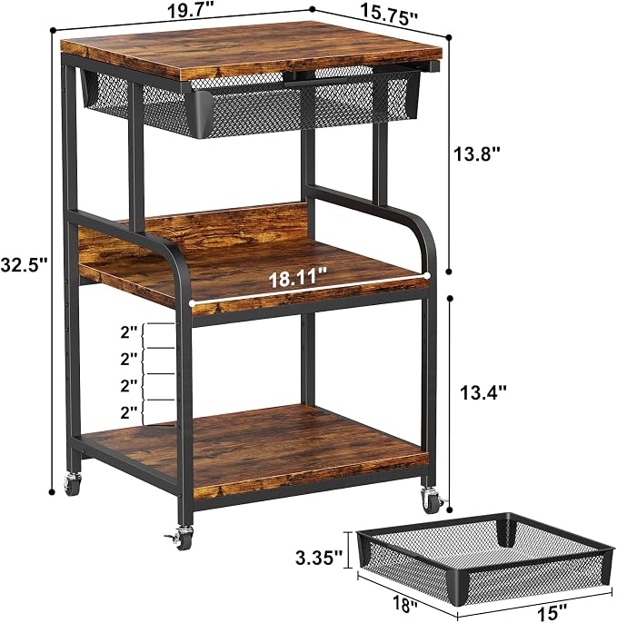 EasyCom Large Printer Stand with Storage Drawer, 5 Adjustable Shelf & 3-Tier Rolling Cart with Industrial Wheels for Desk, Mobile Printer Table for Home Office Fits 3D Printer Scanner Fax Rustic Brown