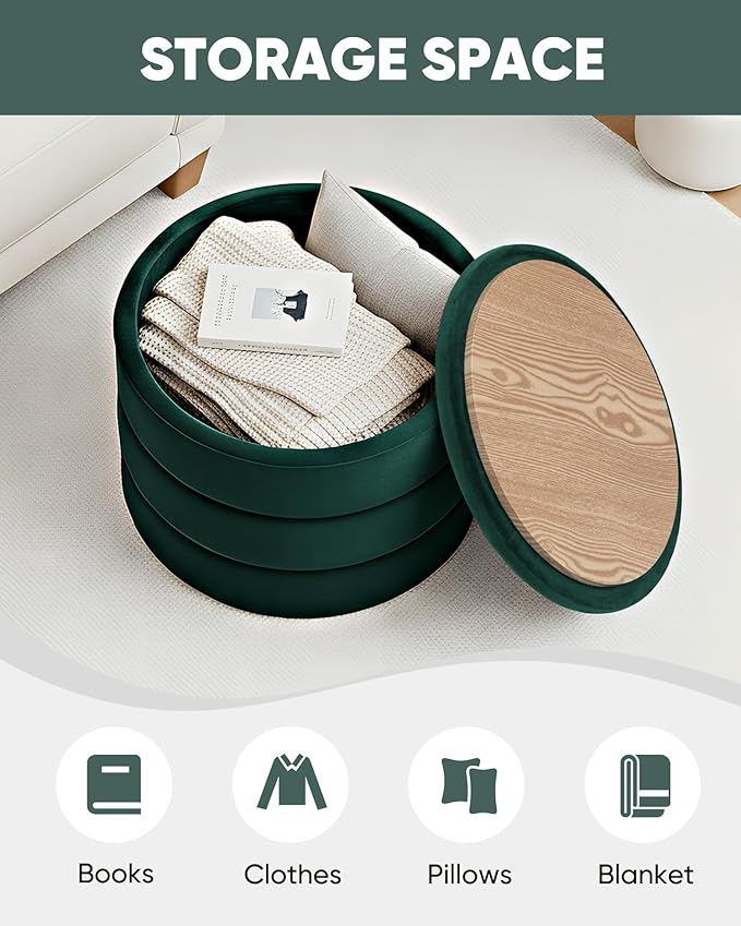 B FSOBEIIALEO Round Velvet Storage Ottoman with Tray, Folding Ottoman with Storage Coffee Table Foot Rest for Dorm Room, Living Room Bottle Green, 22.83"x22.83"x17.32"