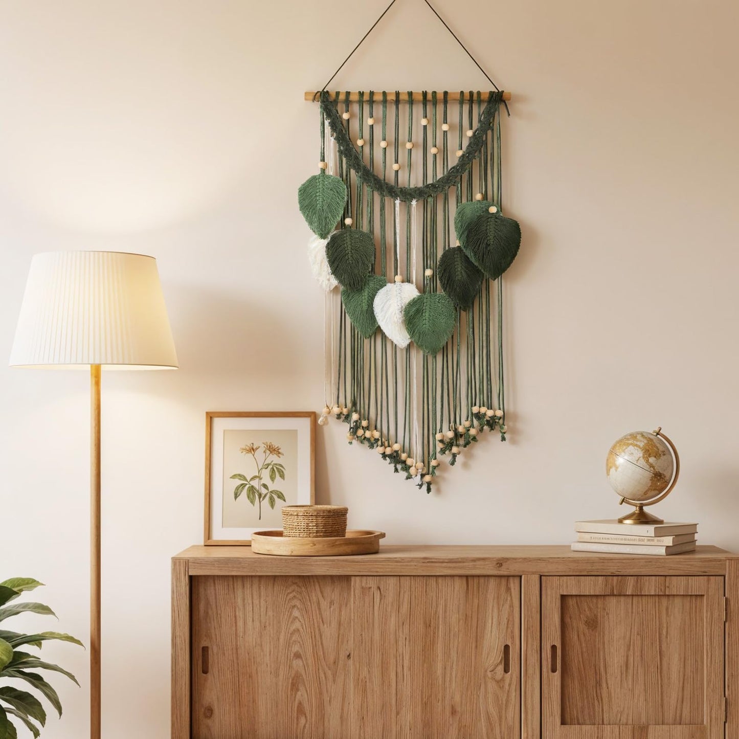 Oqqlin Green Macrame Wall Hanging, 15.7 x 29.9 Inch Boho Leaf Wall Decor Tapestry Sage Green Handmade Woven Leaves Feather Decorations for Bedroom, Living Room, Nursery, Apartment
