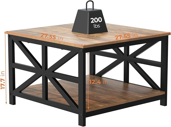 GreenForest Modern Living Room Coffee Table with 2 Tier Storage, Small Square Wood and Metal Farmhouse Center Table with Seamless One-Piece Tabletop, 27.55 Inch, Walnut