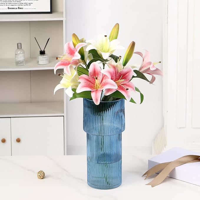 Large Glass Vase, 12 Inches Tall Vase for Flowers, Blue Flower Vases for Bouquet, Modern Blue Glass Vases for Living Room, Dining Table, Office, Entryway, Mantle, Shelf, Wedding Gifts