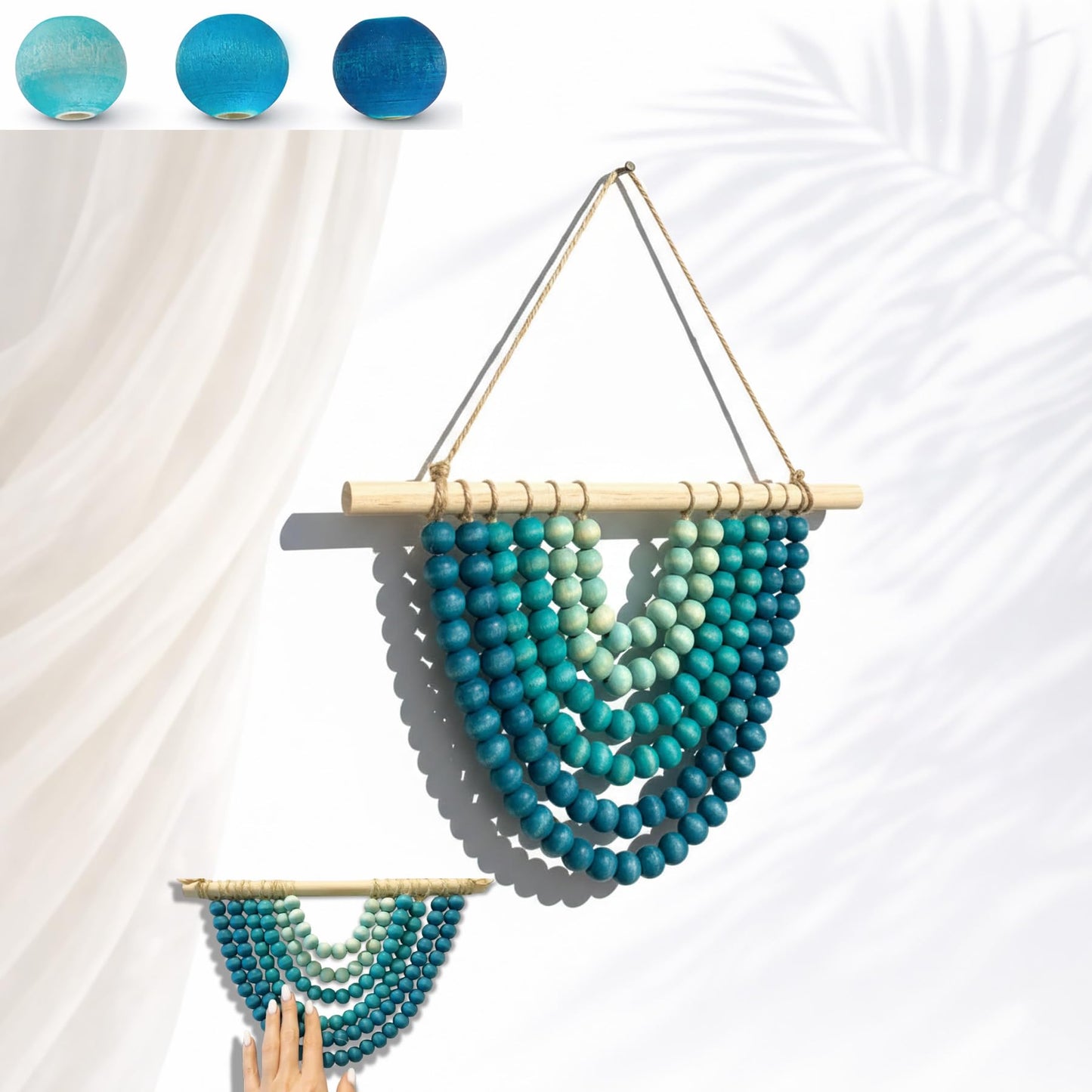 Fenisam Boho Chic Wooden Bead Garland Wall Hanging Tapestry, Natural-Inspired Home Decor for Living Room, Bedroom, Entryway, Nursery, Apartment & Dorm (Coastal Breeze Gradient, 12 Inches)