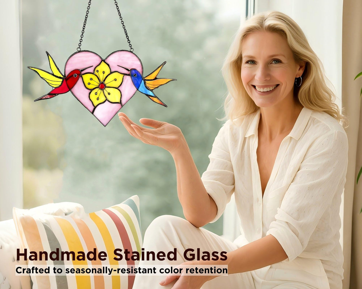 AuroAura Pair of Hummingbirds Stained Glass Window Hanging - Gifts for Women, Mom, Grandma, Mother - Handmade Real Glass Birds Suncatcher - Elegant Gifts Box Heart Figure Home Decor (H4.4xW8.7 Inch)