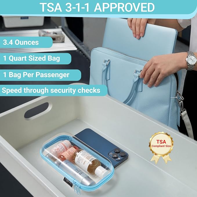 6 Pack Blue Clear Hard Shell Beauty Organizer (2M+4S), 1.2mm Heavy Duty Crush-Proof Cosmetic Case, Reinforced YKK Zippers, Stadium Approved Security Bag for Skincare & Electronics, Multi-Size Set
