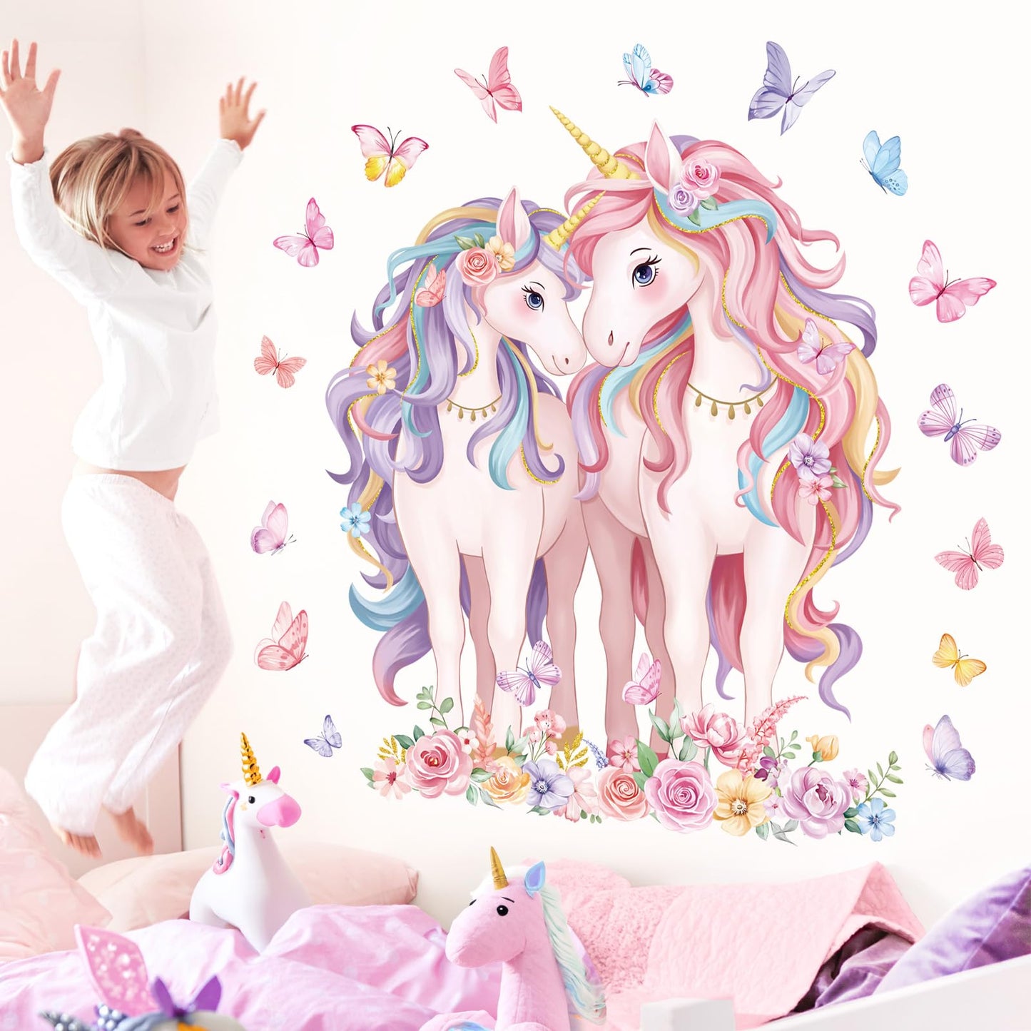 decalmile 2 Large Size Unicorn Wall Decals Unicorn Flower Butterfly Wall Stickers Baby Nursery Kids Room Girls Bedroom Wall Decor