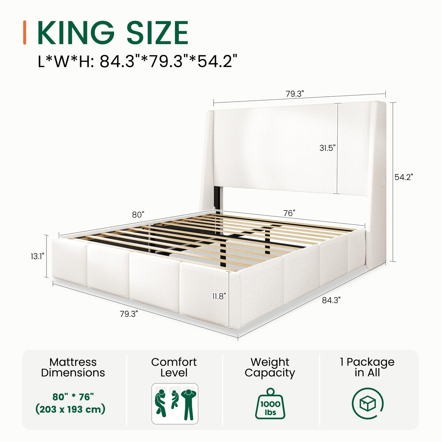 LARMACE King Size Bed Frame 54.2" Extra Tall Wingback Headboard, Lambswool Upholstered Platform Bed Frame with Legs Featuring Built-in Charging Ports, Wood Slats, No Box Spring Needed, White