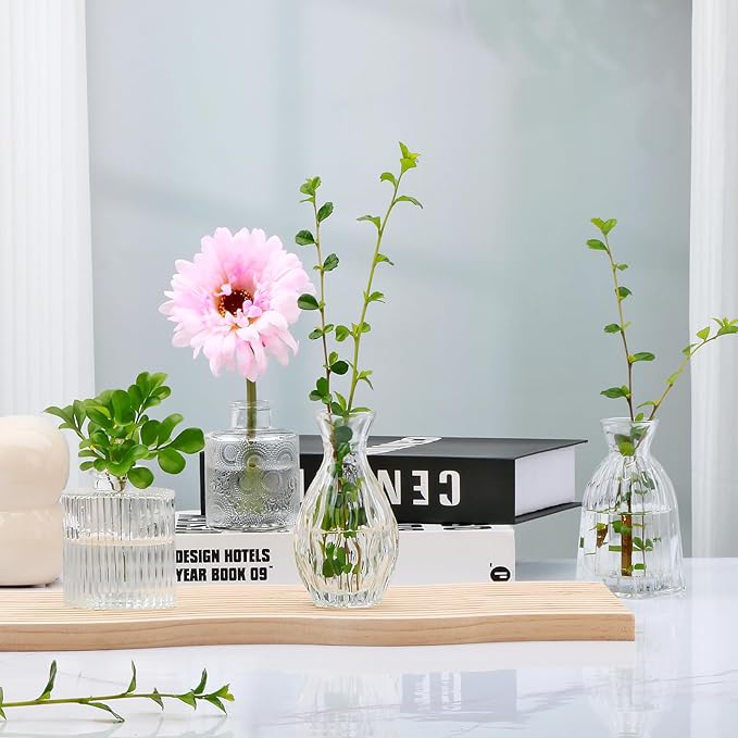 Mapoxy Glass Bud Vases Set of 4,Small Flower Vases for Wedding Centerpiece Table Decorations,Clear Vintage Embossed Mini Vases,Flower Arrangements in Vases for Party or Home Decor