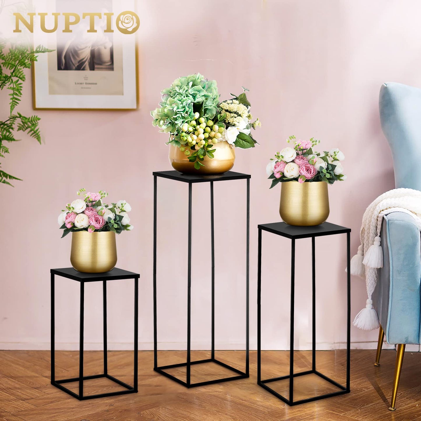 Nuptio Black Vase Plant Stand - 3 Pcs Tall Flower Vases for Wedding Birthday Party Centrepieces - Metal Column Display Table Rack Indoor Corner Flower Stand for Living Room Decor(15.7/23.6/31.5in)