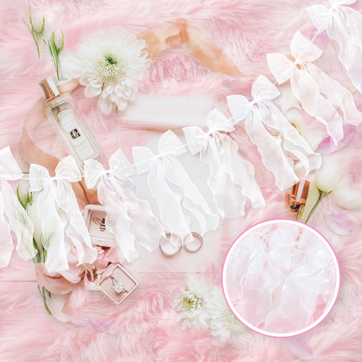 White Ribbon Bow Garland Banner, Girls Bow Birthday Party Decorations, Baby Shower Decor, Tying The Knot Bridal Shower Engagement Wedding Valentines Day Bows Party Supplies
