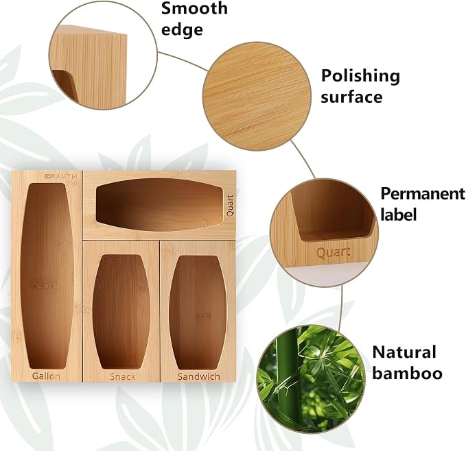 CRAKTH Bamboo Plastic Bag Storage Organizer for Kitchen Drawer, 4 Separate Baggie Organizer, Suitable for Gallon, Quart, Sandwich & Snack Variety Size Bag