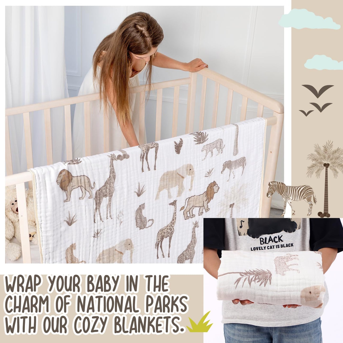 SmoothNovelty Safari Animal Muslin Blanket 47 x 47 Inch Warm Soft Cotton Muslin Swaddle Blanket Nursery Swaddling Wrap Quilt for Bedding Gift, Cold Weather, Jungle Theme Nursery Decor