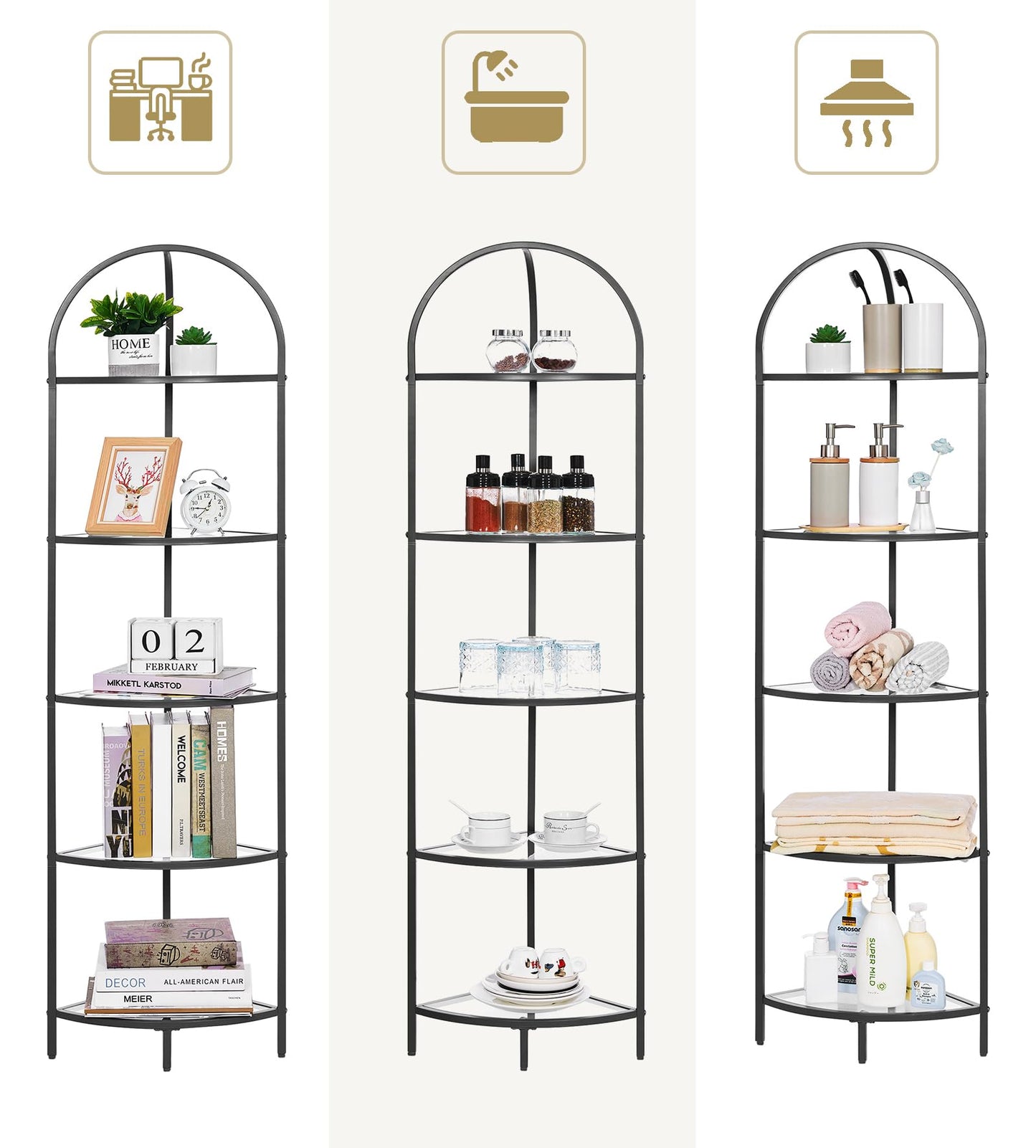 Homhedy 5-Tier Corner Shelf Stand, Metal Corner Bookshelf, Tempered Glass Shelves, Bathroom Storage Rack Shelf, Plant Stand, Modern Style, Black