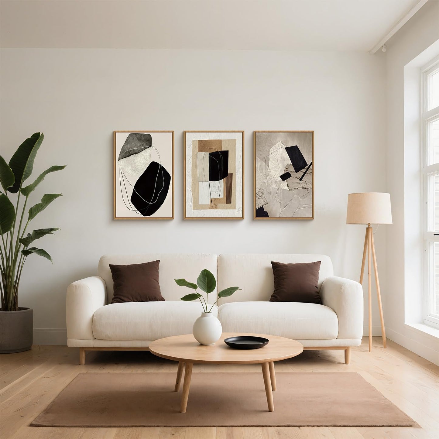 DRACIT Abstract Modern Geometric Framed Canvas Wall Art Set,Neutral Tone Beige Black Brown Wall Decor,Minimalist Textured Line Shape Artwork for Living Room, Bedroom,Farmhouse-24 x36 x3