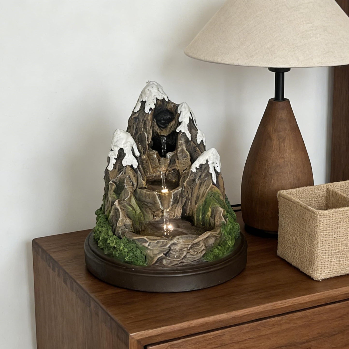 AOZITA Snow Mountain Tabletop Water Fountain 4-Tier Cascading Indoor Waterfall with Warm LED Lights, Realistic Rock Texturing & Moss Accents, Miniature Zen Landscape for Desk Home Office Decor