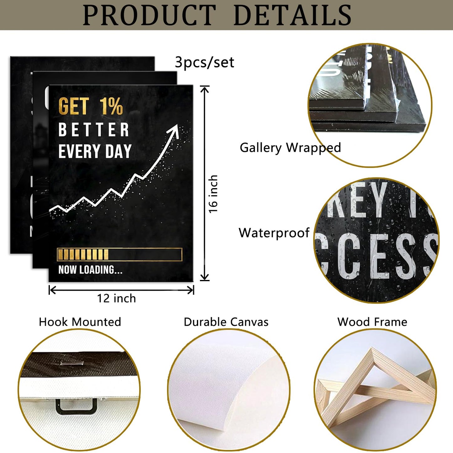 Motivational Office Wall Decor Get 1% Better Every Day Black and White Inspirational Wall Art, 3 Piece Focus on Goals Not Obstacles Quotes, Framed Modern Office Decor for Bedroom, Classroom, Entrepreneurs, Men & Boys