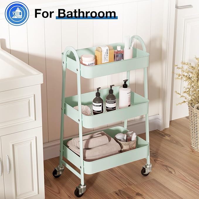 OLIXIS Metal Utility Cart, Mobile Rolling Storage Shelf with Lockable Caster Wheels, Organization for Livingroom, Bathroom & Narrow Places, 3 Tiers Green