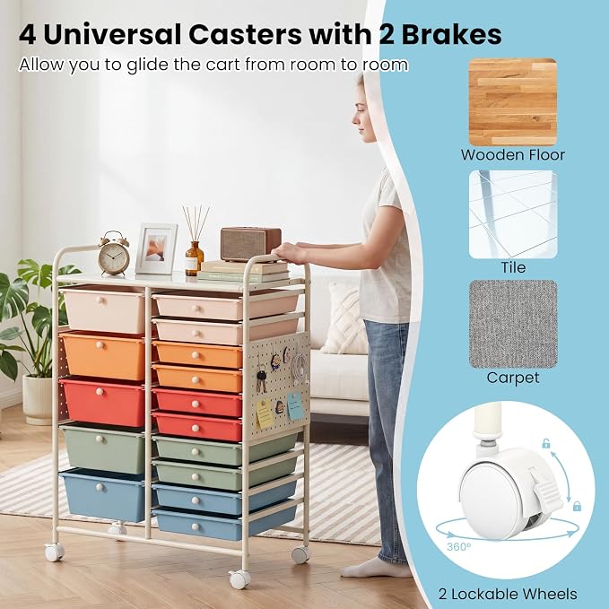GOFLAME 15-Drawer Rolling Storage Cart with Pegboard, Craft Storage Cart with Lockable Wheels and Metal Frame, Art Cart Supply Storage Organizer for Home Office Classroom, Macaron Color