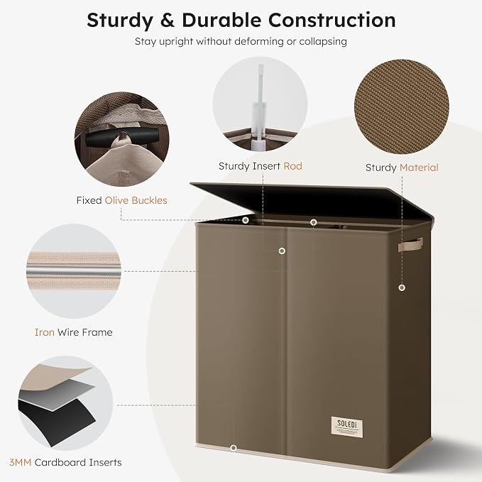 SOLEDI Large Double Laundry Hamper with Lid, Collapsible Clothes Hamper 2 section with Removable Bags, Space-Saving Laundry Basket for Bedroom, Dorm, College
