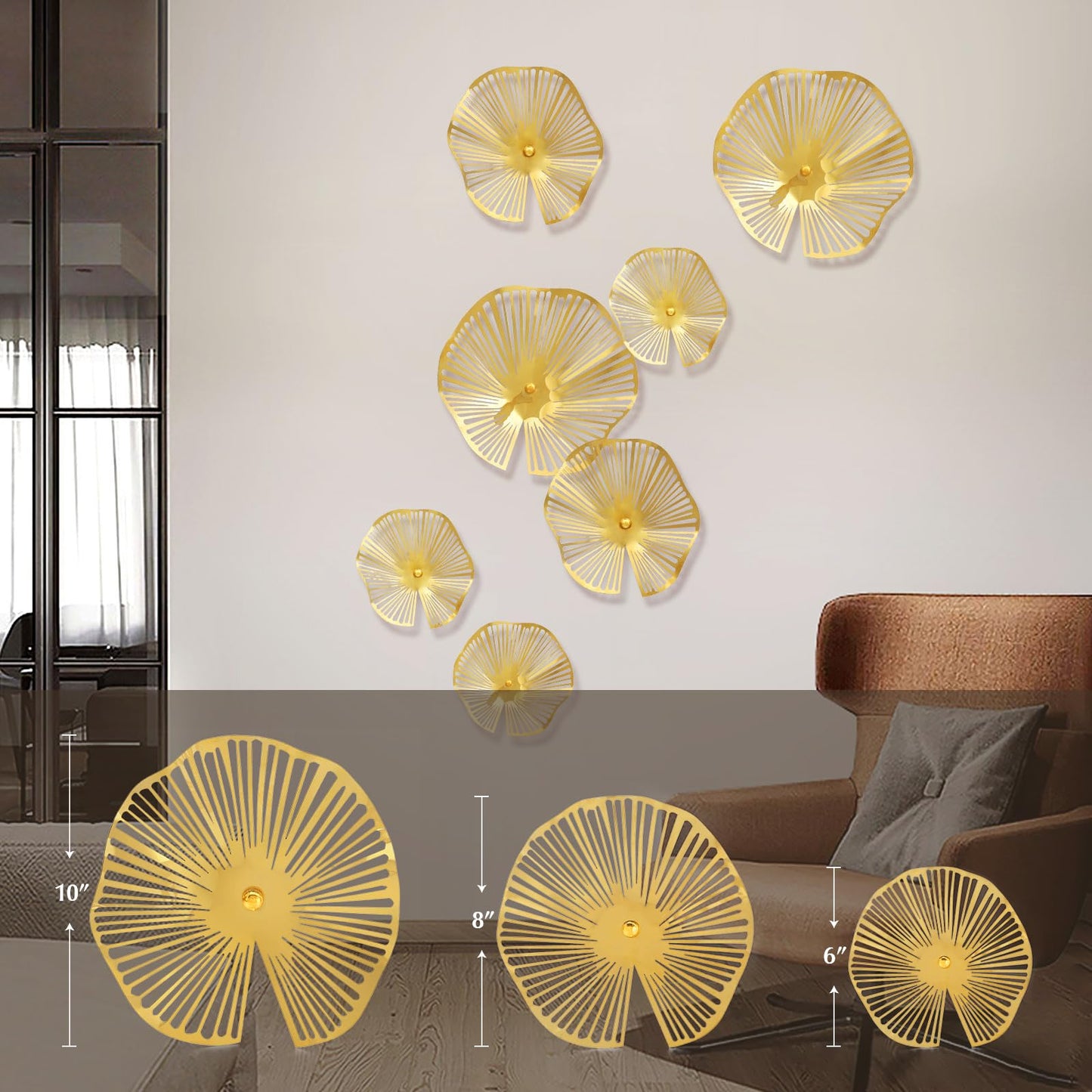 TEIPAI Gold Wall Decor Living Room, 7PCS Hollow Lotus Leaf Metal Wall Art for Apartment Bedroom Small Room Decoration, Modern Wall Hanging Sculptures for Home Office, Horizontal or Vertical Display