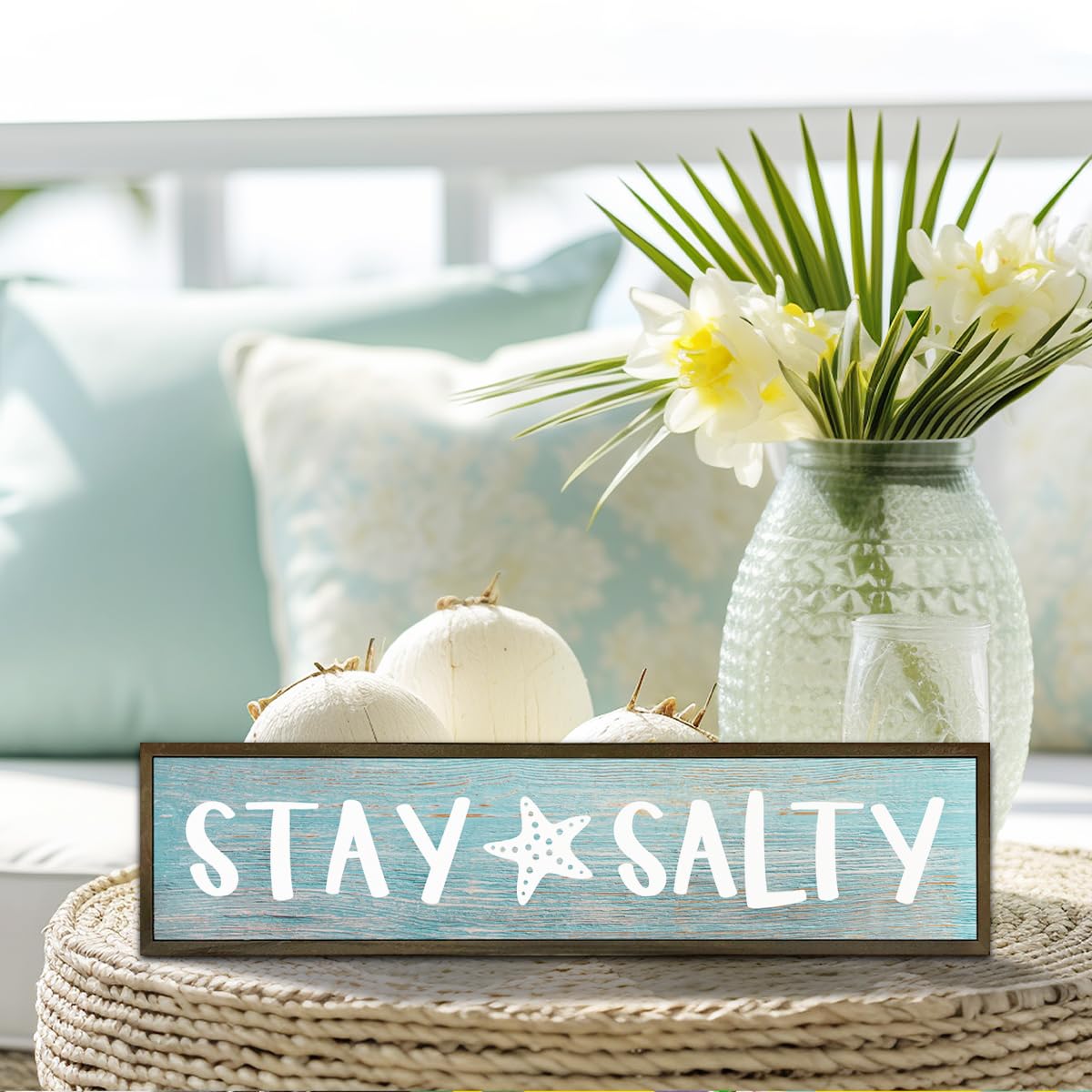 Beach Decoration, Funny Summer Decor Sign, Wall Decors Art, Ocean Coastal Home Decor for Living Room, Bathroom, Beach House Decoration, Framed Wooden Box Sign, Stay Salty Signs 17.8x4x1.2 inches 25