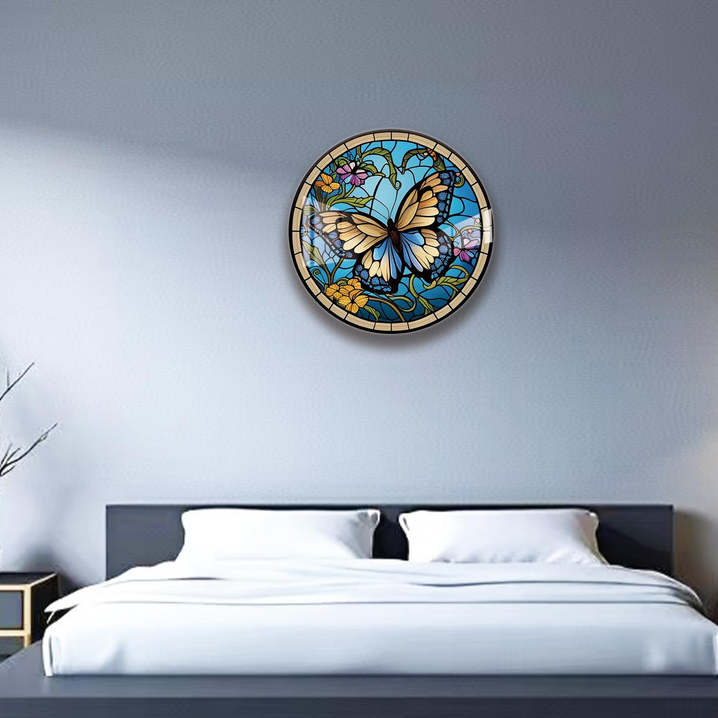 LMSDYSHU Butterflies and Mosaic,Tempered Glass Wall Art,unframed，Easy to clean,18"（45.72cm） Diameter (blue)