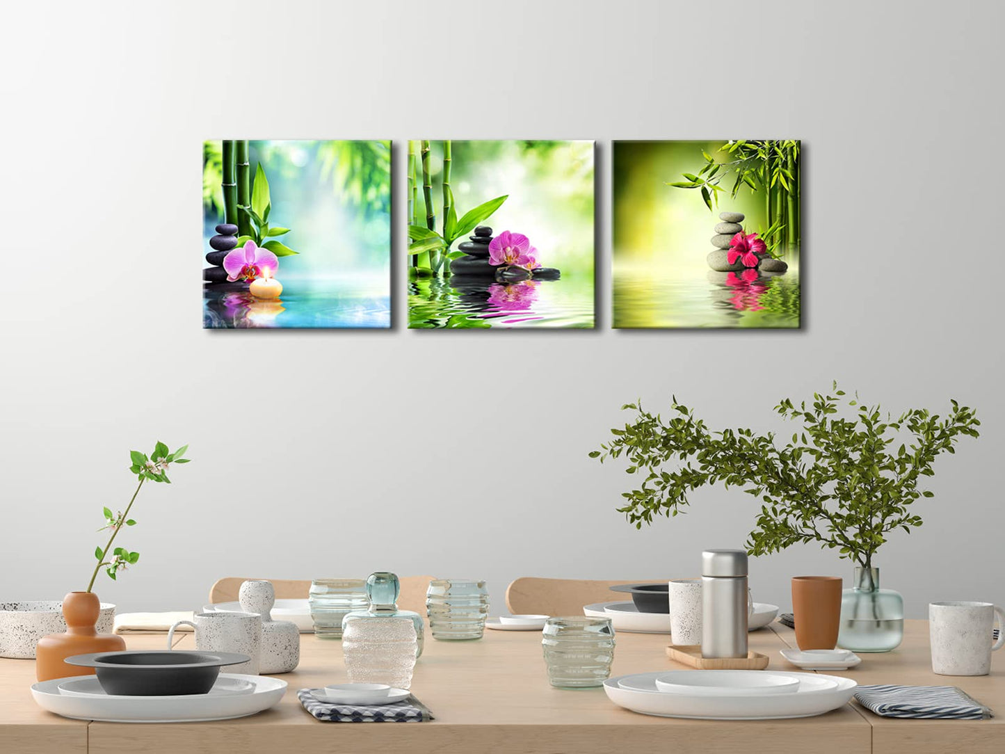 Pyradecor 3 Pieces Spa Zen Stone Canvas Wall Art Modern Romance Green Bamboo Pink Flowers Paintings Pictures for Living Room Bedroom Home Office Decoration