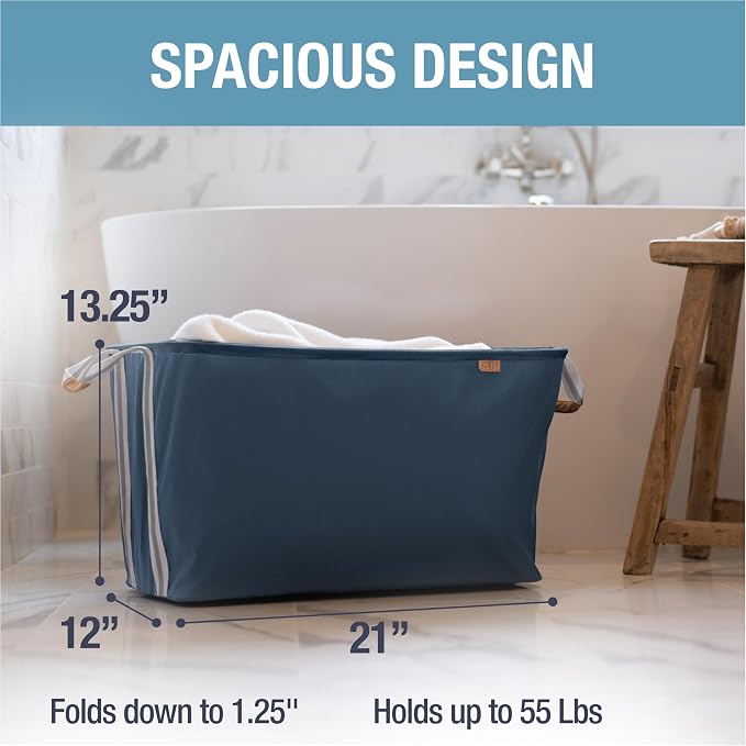 CleverMade Collapsible Laundry Basket LUXE 2 Pack – 60 L (16 Gal) Foldable Cotton Blend Clothes Hamper with Vegan Leather Accents, Reinforced Handles, Space Saving Laundry Bin Holds 55 lbs - Navy